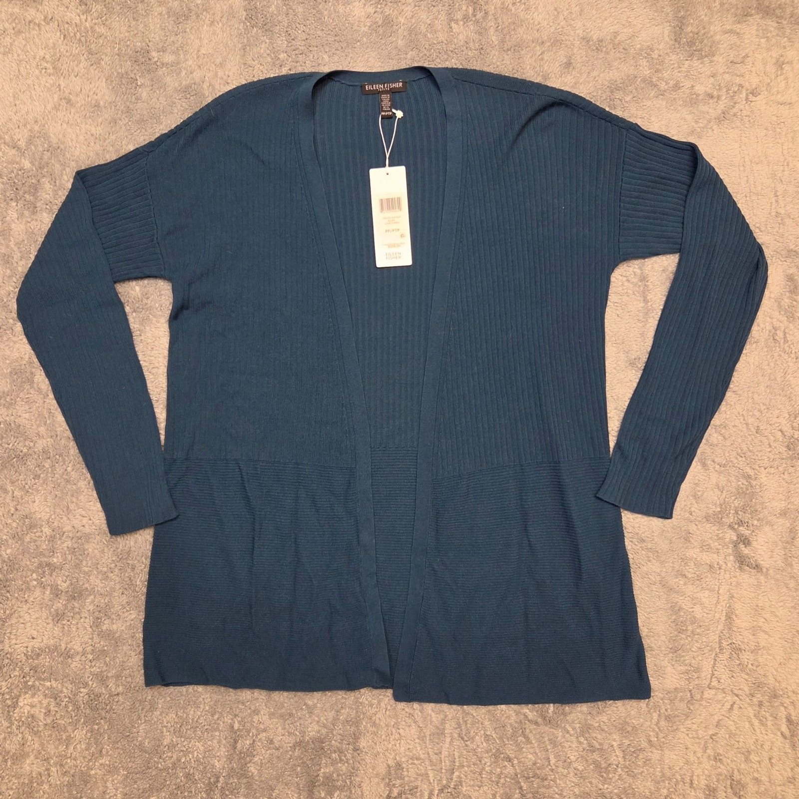 NWT Eileen Fisher Blue Spruce Tencel Steel Ribbed Long Cardigan PP PTP $338