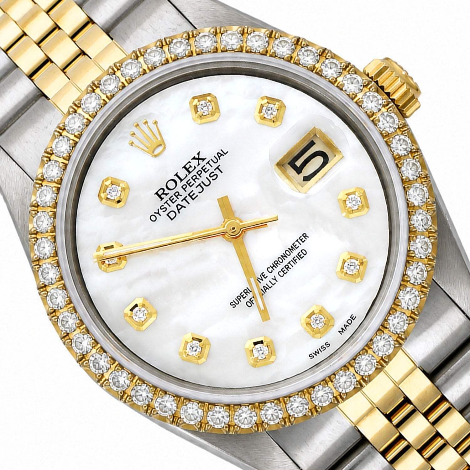 36mm Rolex Datejust 1601 Jubilee White MOP Dial 3.30Ct Diamond Bezel Watch