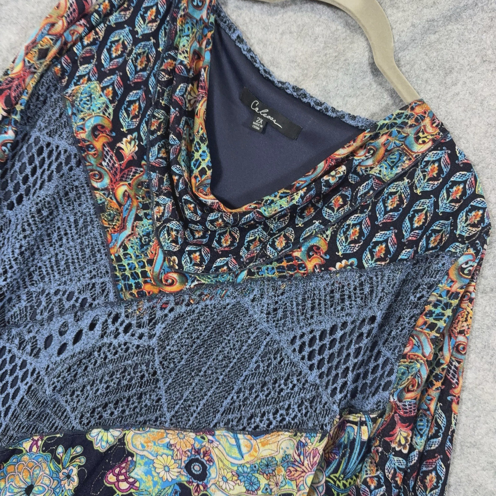 Calessa Blouse Tunic Womens 2X Blue Patchwork Crochet Drape Neck Lined