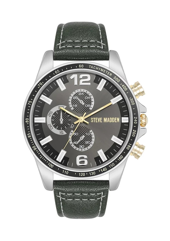 Steve Madden Men\'s Chronograph Tachymeter Watch Black Dial Gray Leather Box NIB Steve Madden Men\'s Chronograph Tachymeter Watch Black Dial Gray Leather Box NIB
