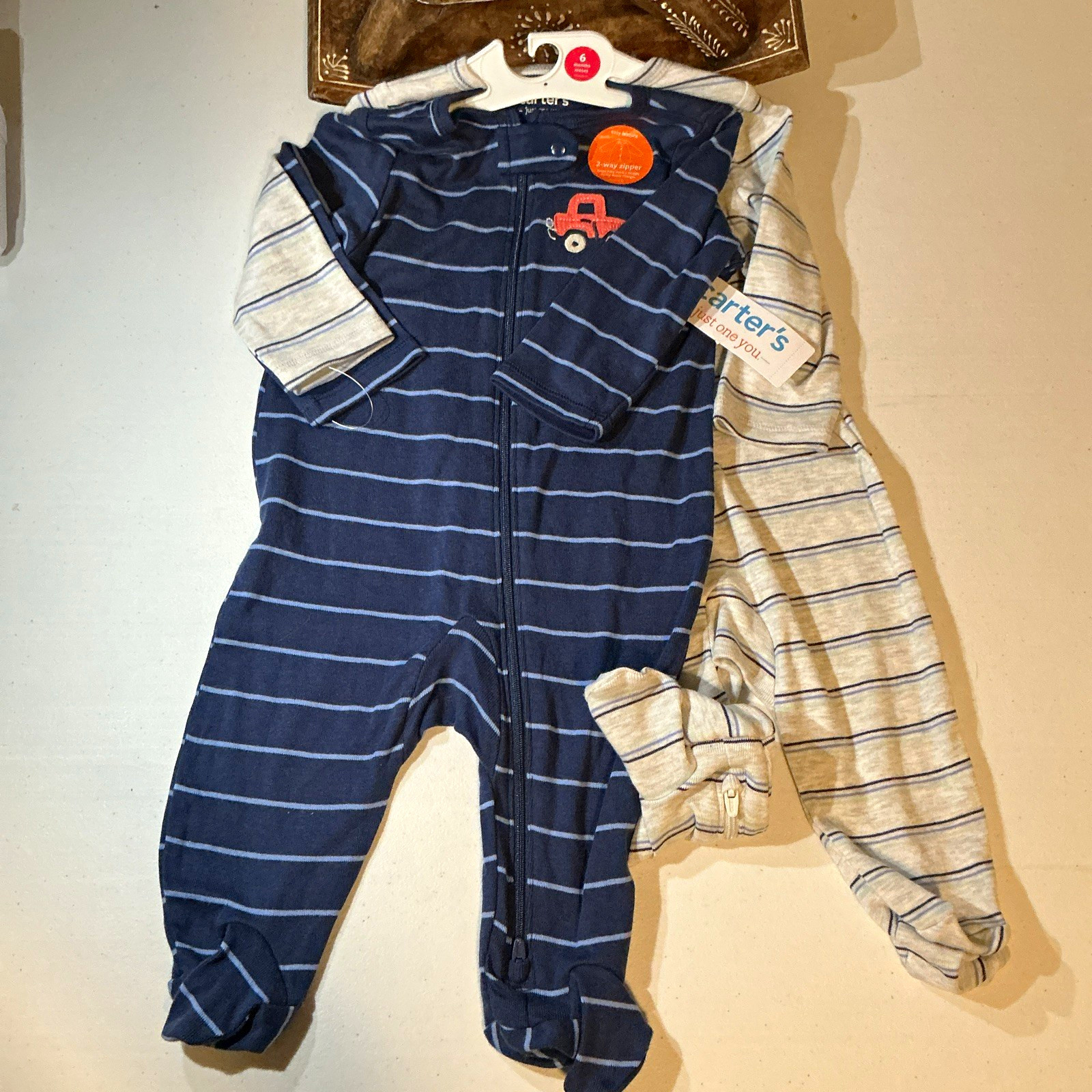 Carter\'s 2-Pack Footed Zip Sleepers 3-6M Blue/Gray Striped Truck Carter\'s 2-Pack Footed Zip Sleepers 3-6M Blue/Gray Striped Truck