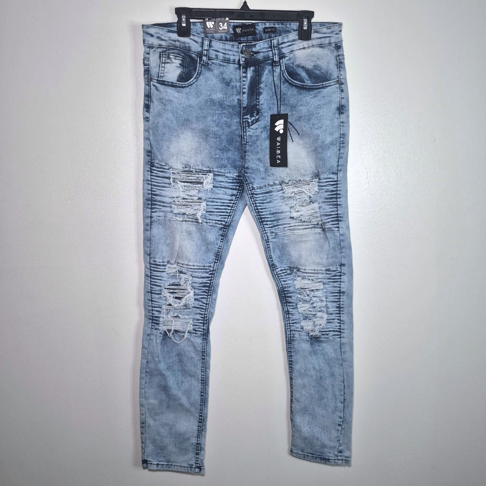 NWT Waimea Skinny Fit Distressed Jeans M4646D Men\'s Size 34 Light Blue Wash Ripp