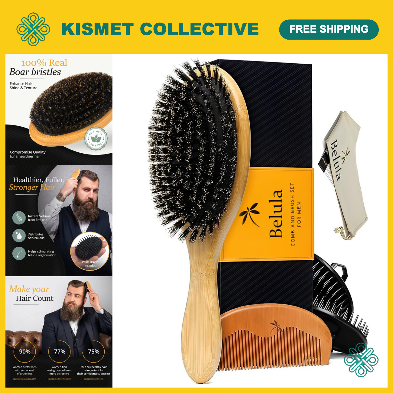 100% Boar Bristle Hair Brush Set for Men - Ideal for Thin, Normal & Short Hair