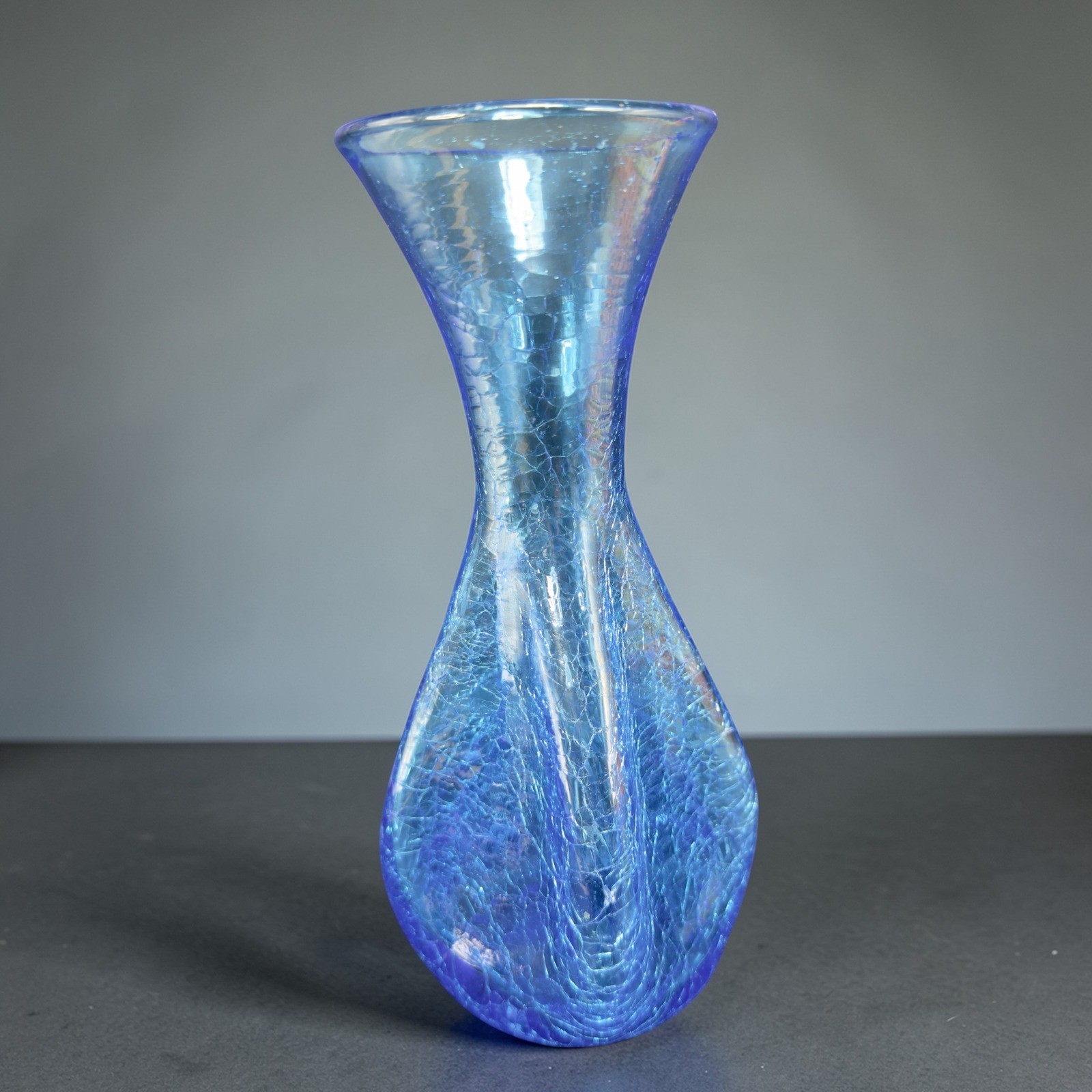 Blenko Mid Century Blue Crackle Glass Vase Hand Blown Hourglass Square Base VTG Blenko Mid Century Blue Crackle Glass Vase Hand Blown Hourglass Square Base VTG