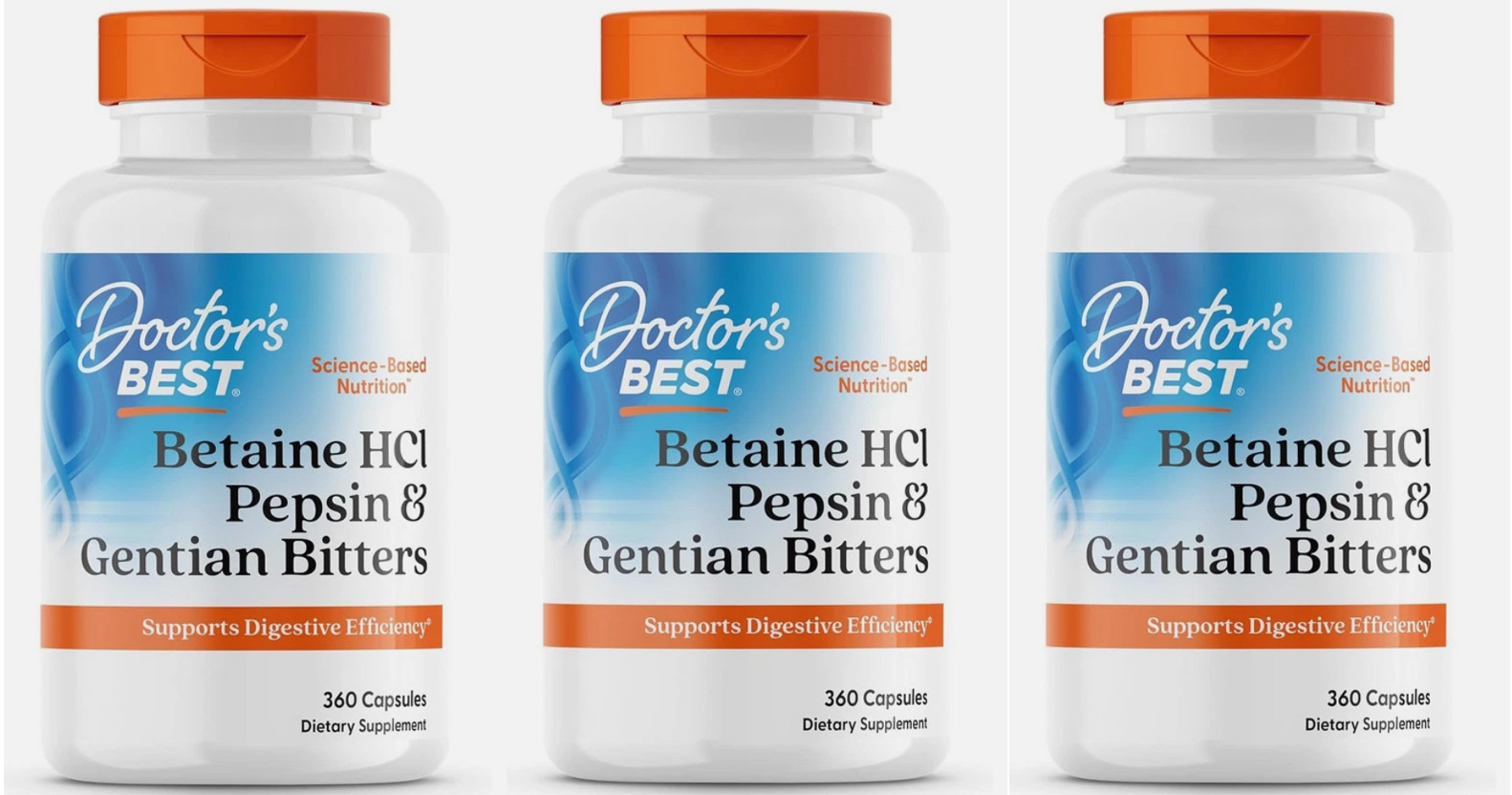 3X Doctor\'s Best, Betaine HCI Pepsin & Gentian Bitters, 360 Capsules Exp 07/2026