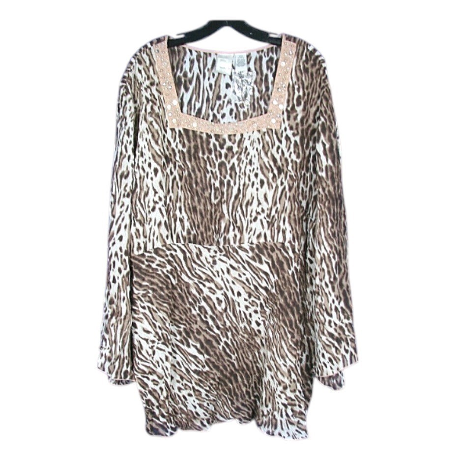 NWOT ROAMAN\'S Leopard Chiffon TUNIC/BLOUSE Beaded Detail Neckline Flowy 32W NWOT ROAMAN\'S Leopard Chiffon TUNIC/BLOUSE Beaded Detail Neckline Flowy 32W