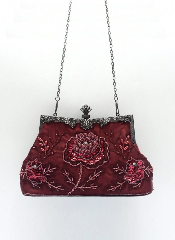 Elegant 1920s Vintage Burgundy Rose Evening Clutch Bag with Beaded Sequin