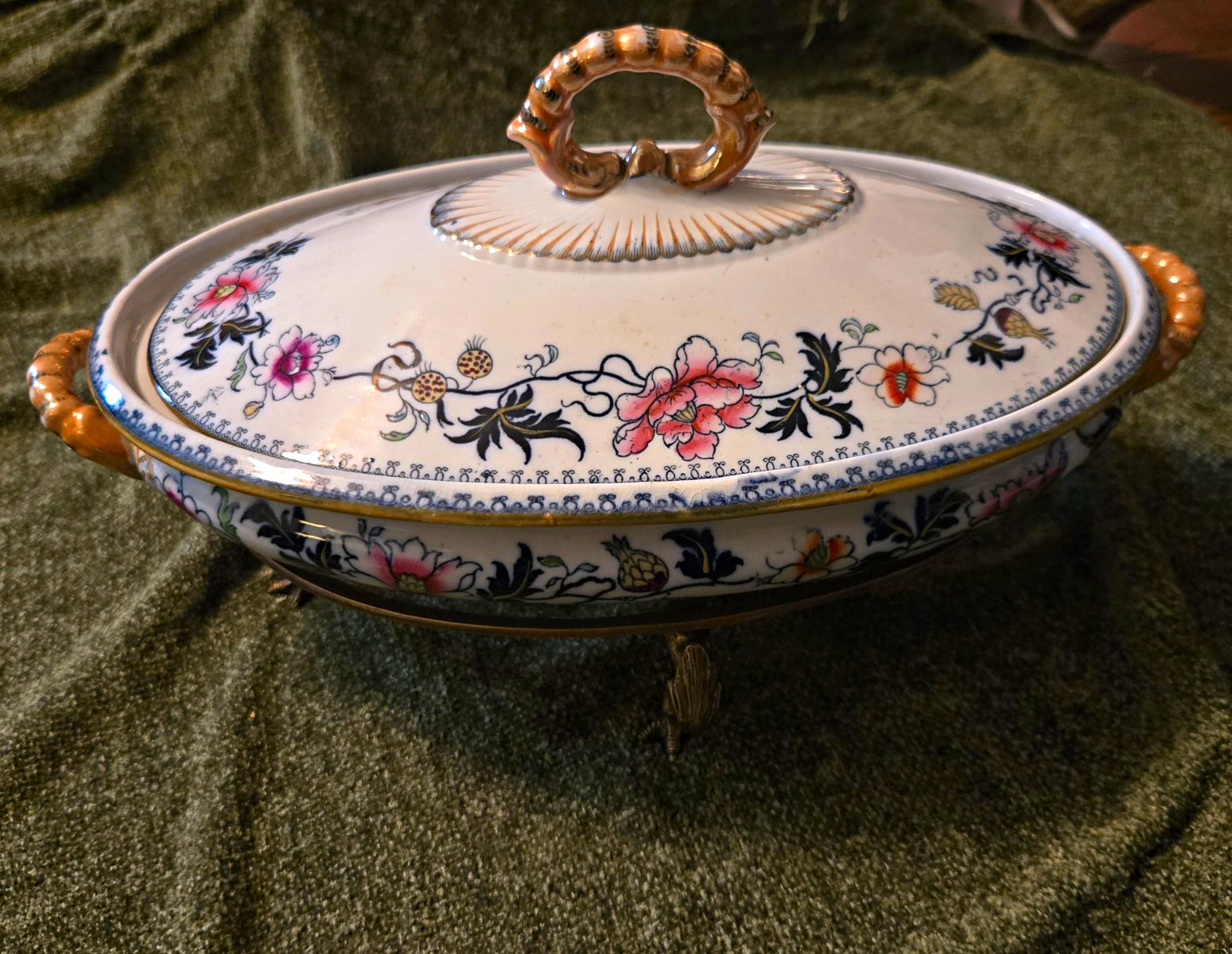 Antique Victorian Staffordshire Tureen Floral Lid Metal Stand Pat 1842 Antique Victorian Staffordshire Tureen Floral Lid Metal Stand Pat 1842