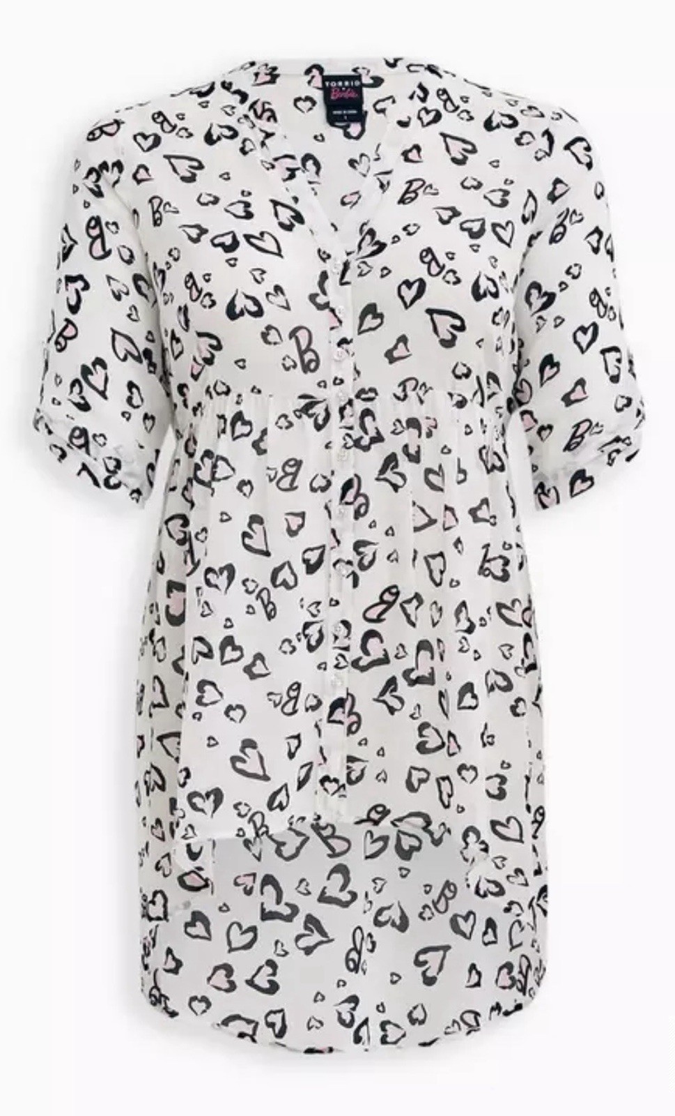Torrid Barbie Lexie White Hearts Hi-Lo Babydoll Tunic Top Women’s Plus Size 2X