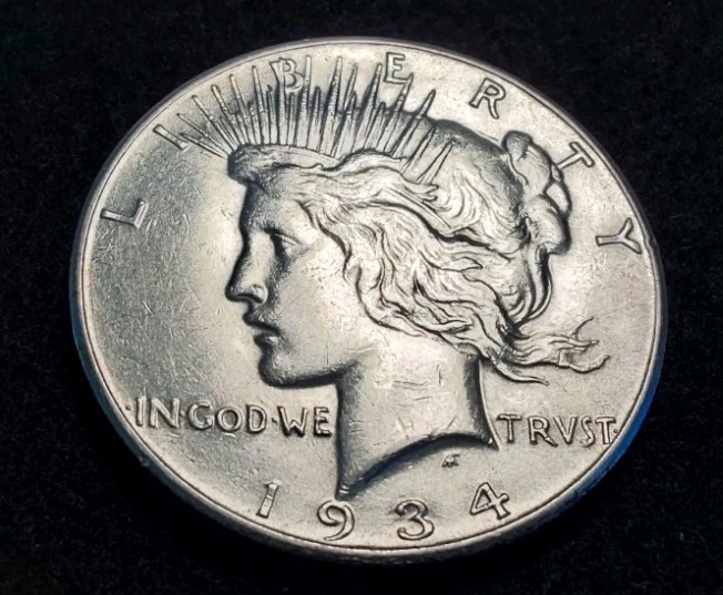1934 S PEACE DOLLAR, RARE KEY DATE HIGH GRADE AU ABOUT UNCIRCULATED GREAT LUSTER