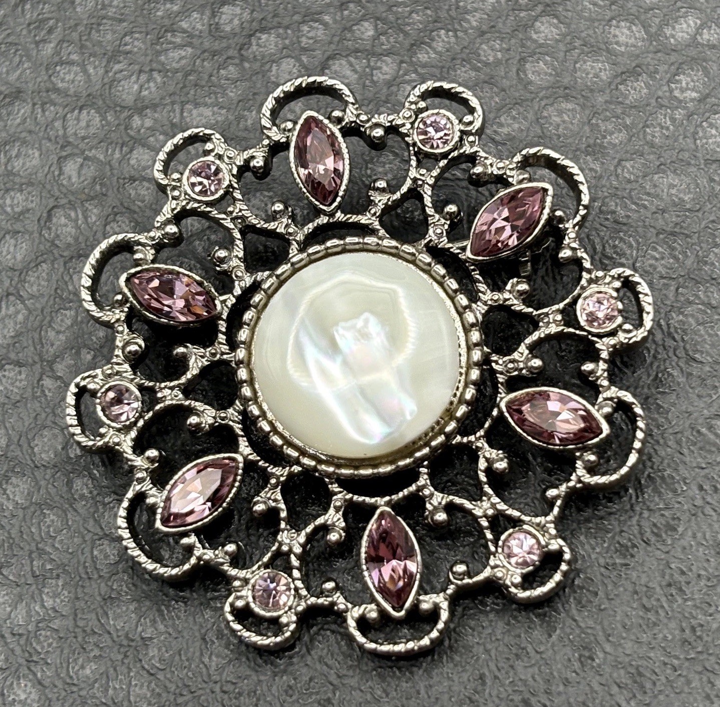 1928 Brand Victorian Revival Brooch Rhinestone Mother Of Pearl Cabochon Pin