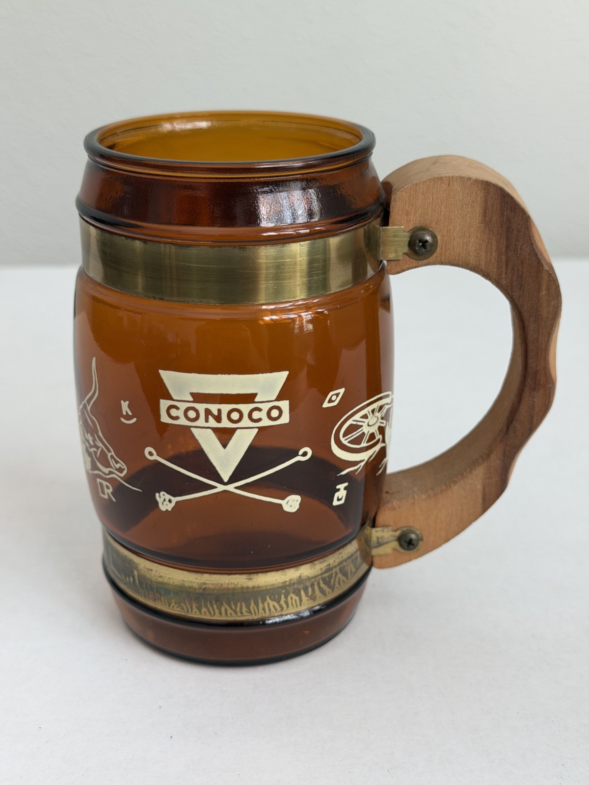 Vintage Conoco Siesta Ware Brown Amber Glass Barrel Beer Mug Wood Handle
