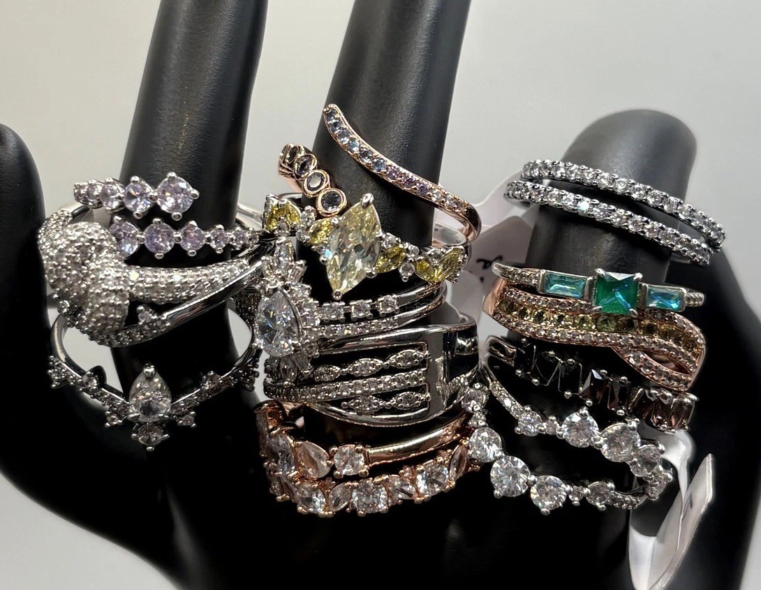 Lot Of Bomb Party Rings Cocktail Statement Crystal Silver / Rose / Gold Tone