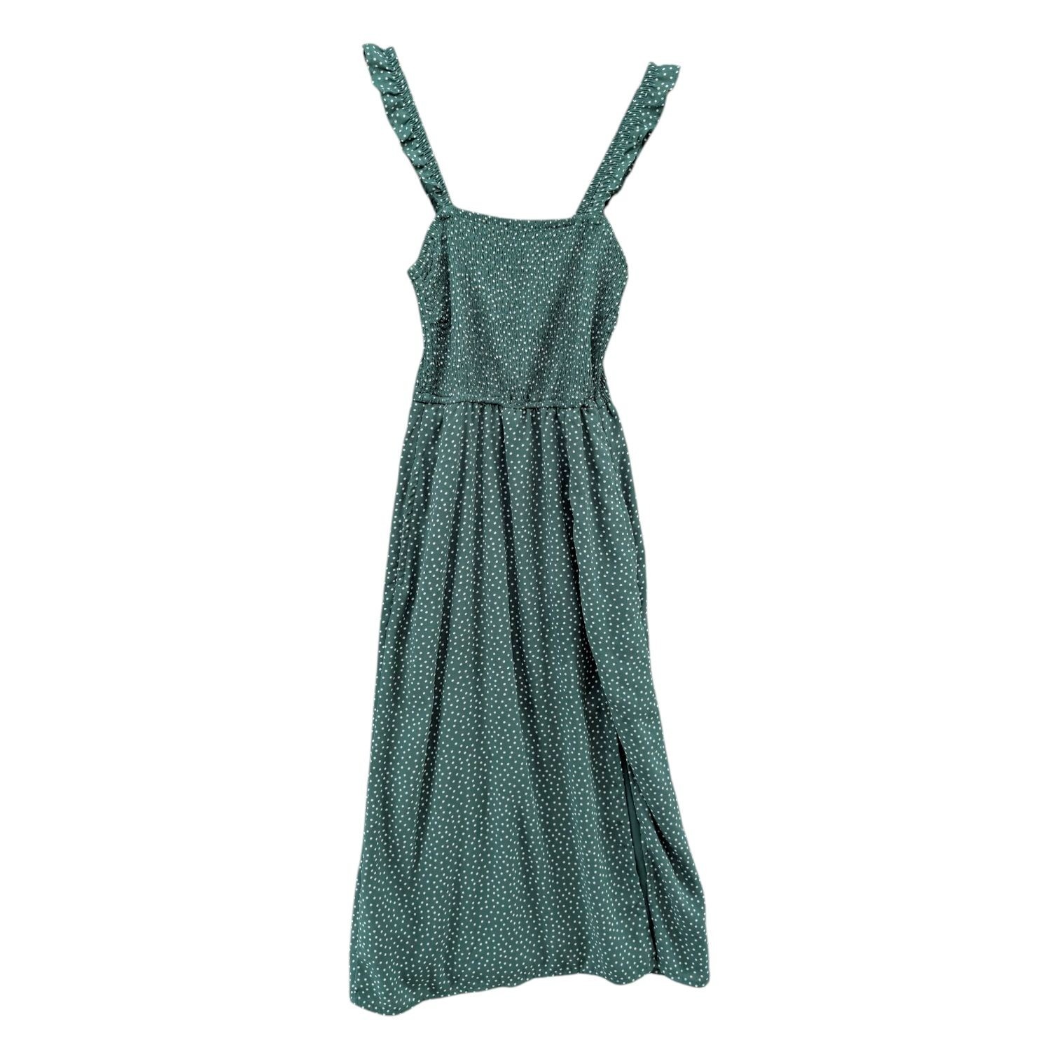 Abercrombie Fitch Polka Dot Midi Dress Green White Slit Pleated Sleeveless Sz XS