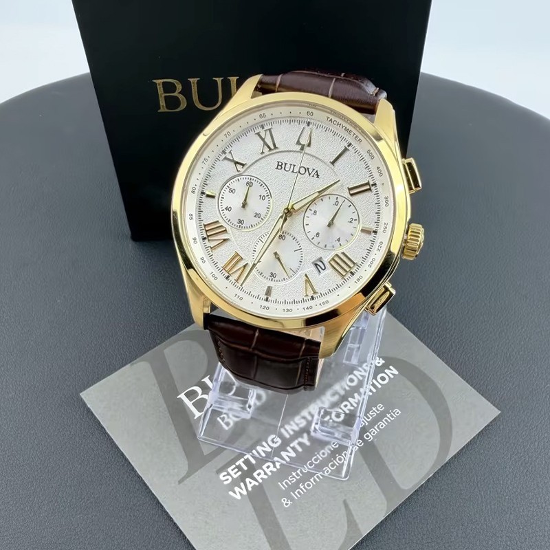 Men Bulova Wilton White/Gold Dial Leather Chronograph 97B169 Quartz Watch 46.5mm