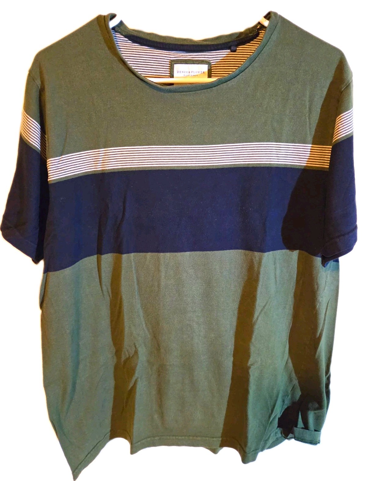 Denim & Flower Ricky Singh Men\'s Green Navy White Striped Crew Neck T-Shirt L