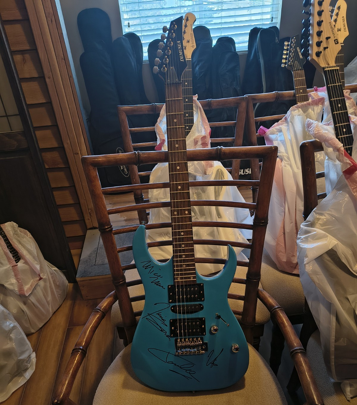 Motley Crue Signed Blue Guitar w/ Inscription “Motley Crue Stadium Tour”