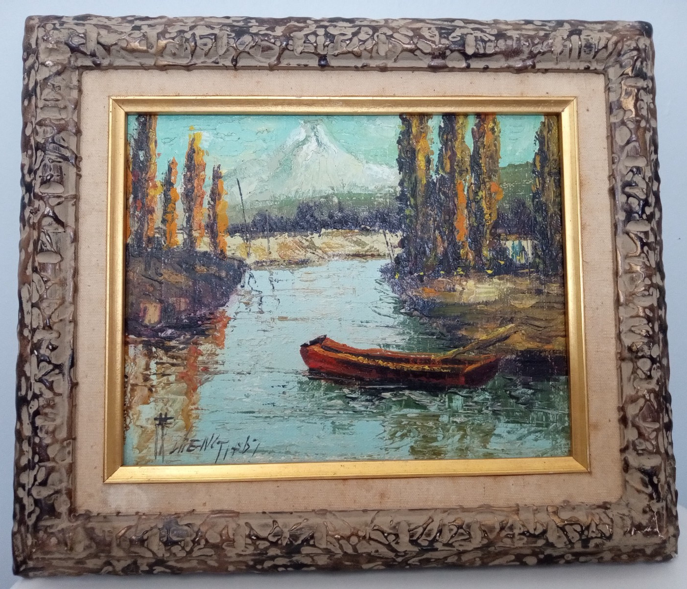 Original Textured Signed Oil Painting Impressionist River Landscape Ornate Frame Original Textured Signed Oil Painting Impressionist River Landscape Ornate Frame