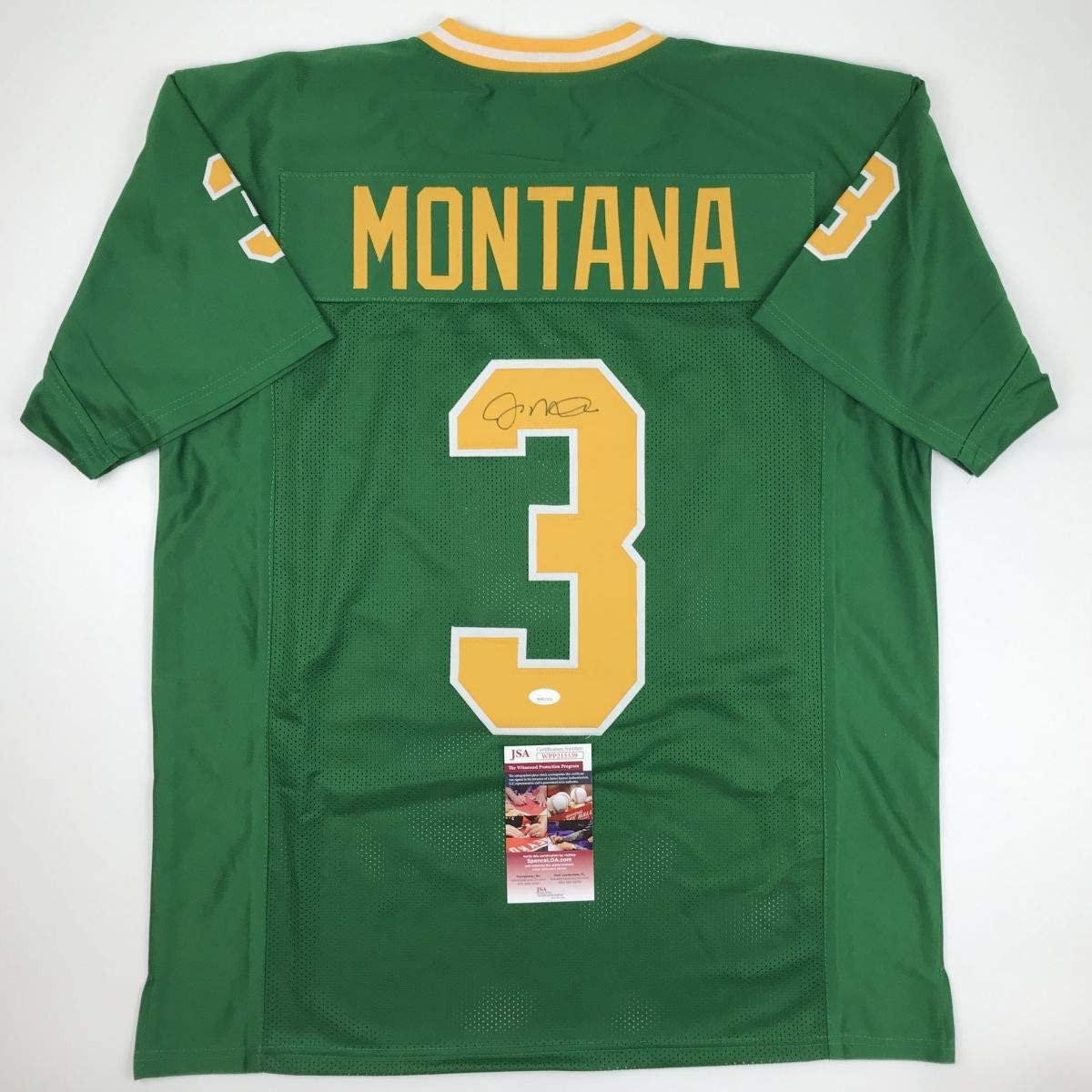 Autographed/Signed Joe Montana Notre Dame Green College Jersey JSA COA Autographed/Signed Joe Montana Notre Dame Green College Jersey JSA COA
