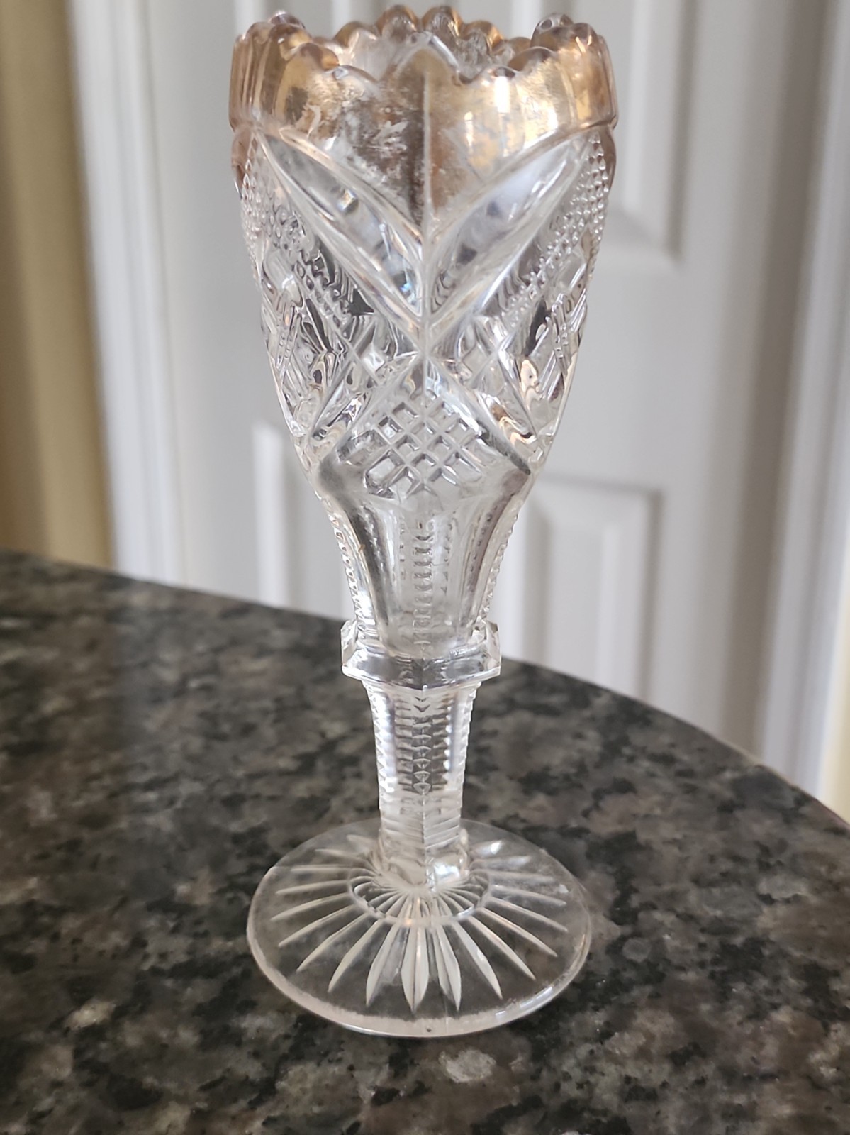 EAPG Tarentum Clear Glass Bud Vase With Gold Rim 5 3/4 EAPG Tarentum Clear Glass Bud Vase With Gold Rim 5 3/4