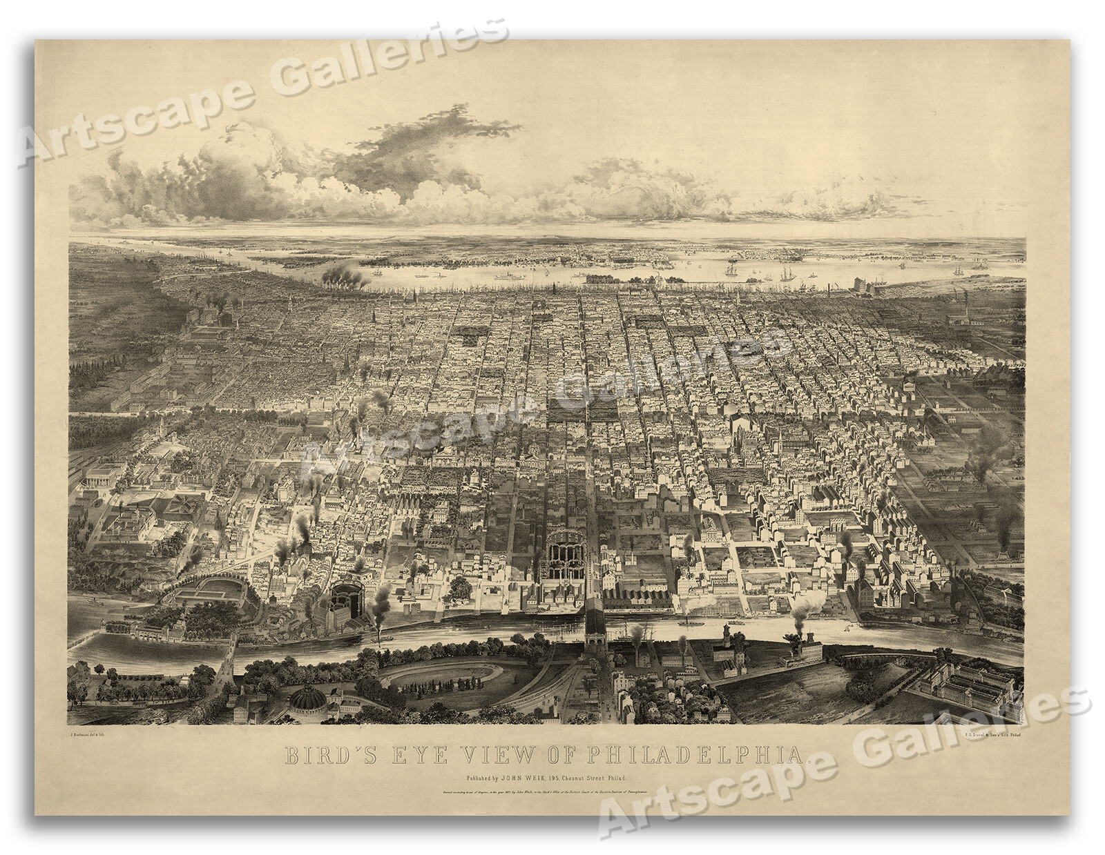 Bird's Eye View 1857 Philadelphia Pennsylvania Vintage Style City Map - 18x24