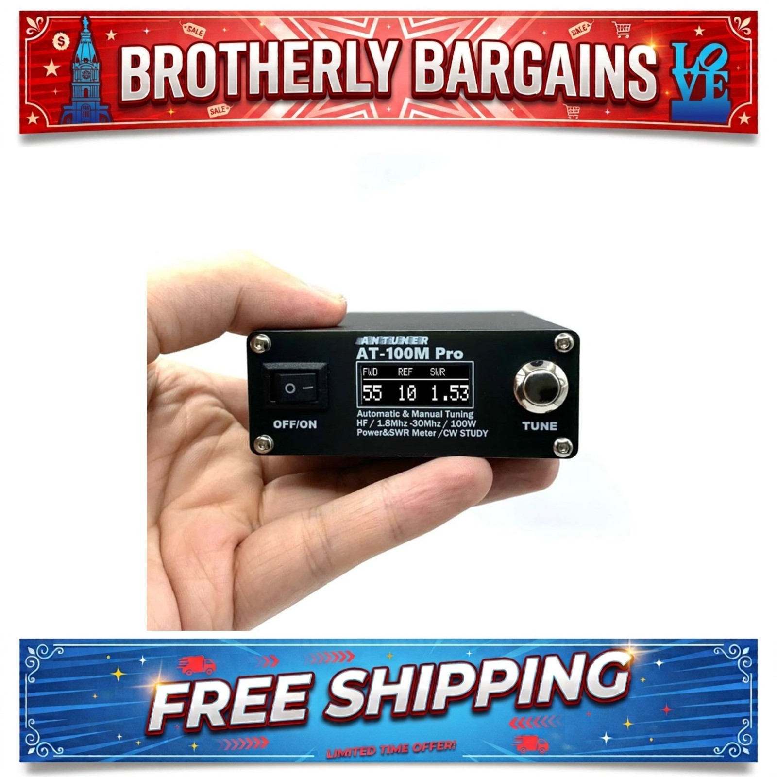 KJDEYT AT100M Pro Automatic Antenna Tuner 100W 1.8-30MHz SWR Meter 3300mAh