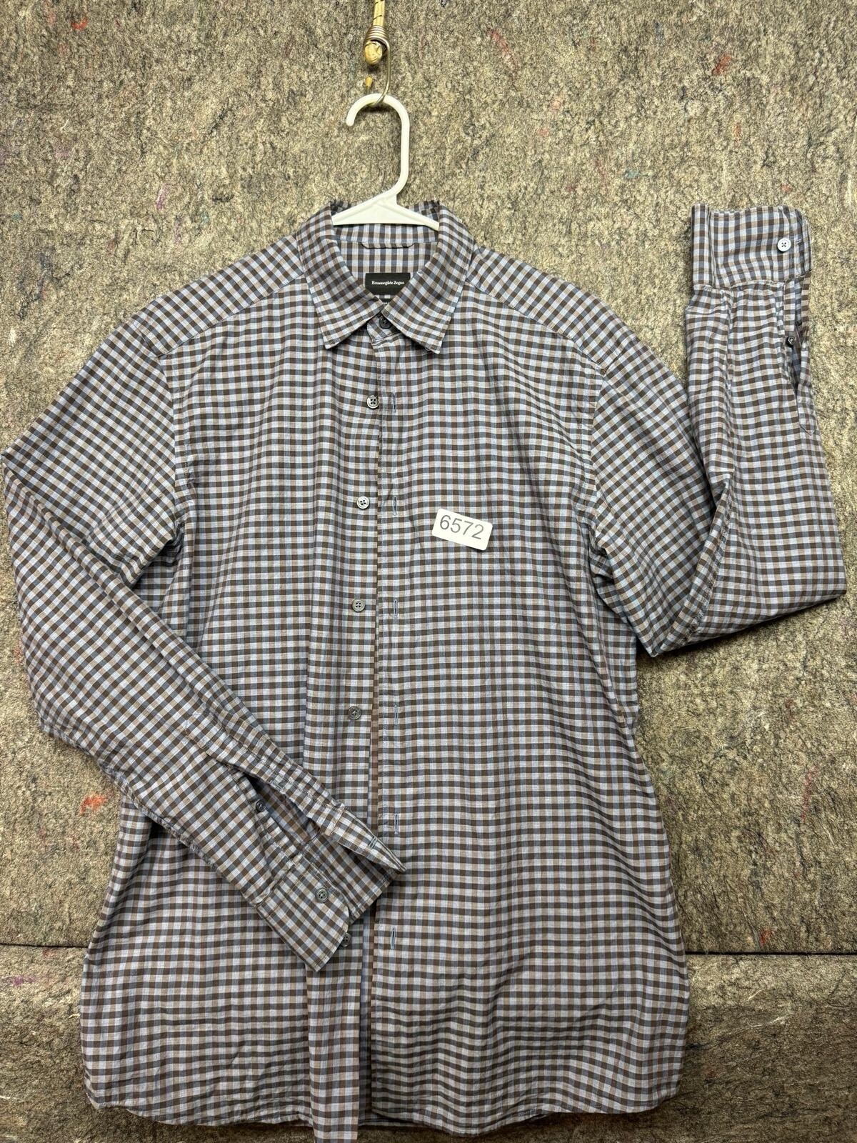 Ermenegildo Zegna Mens Shirt Button Down Twill Gingham Check Brown Blue S