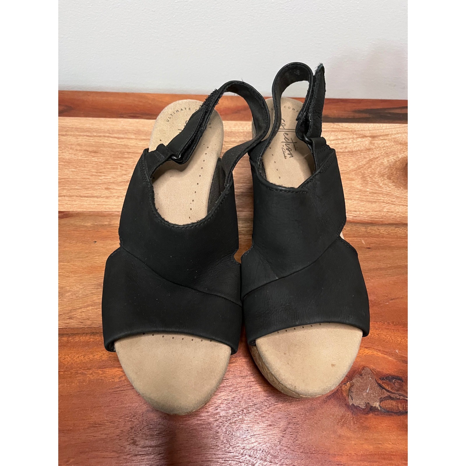 Clarks Collection Black Leather Cork Wedge Sandals Women 9 Ultimate Comfort Clarks Collection Black Leather Cork Wedge Sandals Women 9 Ultimate Comfort