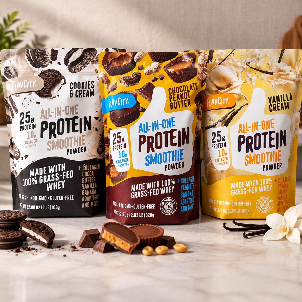 FlavCity Protein Smoothie Powder 3 Pack Cookies Vanilla Chocolate PB New
