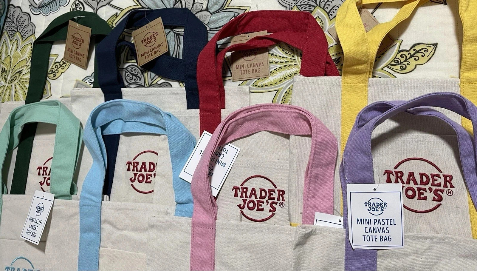 Trader Joe's Mini Canvas Reusable Tote bags, Colorful Tote Bag SET of all 8 Trader Joe's Mini Canvas Reusable Tote bags, Colorful Tote Bag SET of all 8