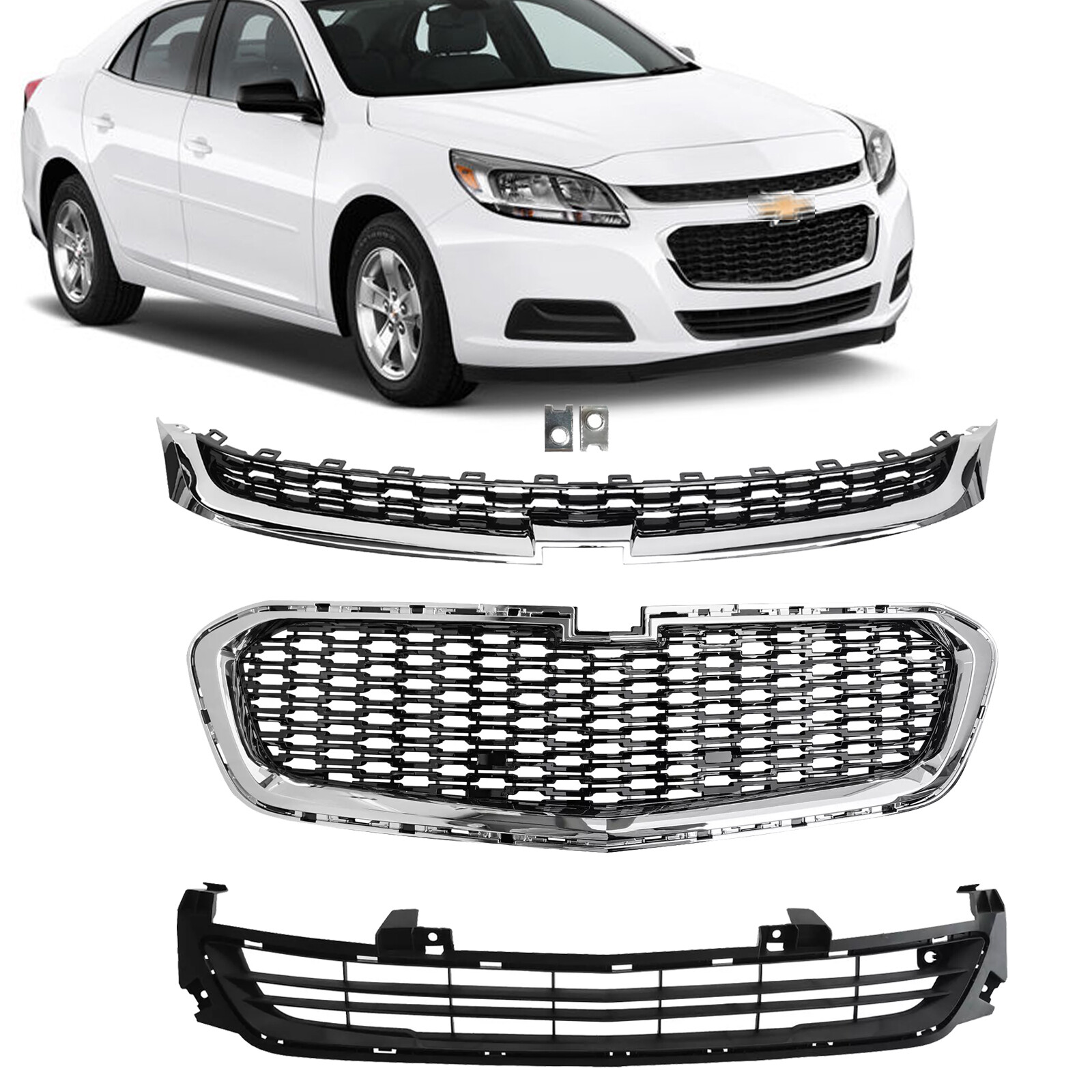 Fits 2014-2016 Chevrolet Malibu Grill Front Upper/Center/Lower Grille Chrome Set Fits 2014-2016 Chevrolet Malibu Grill Front Upper/Center/Lower Grille Chrome Set