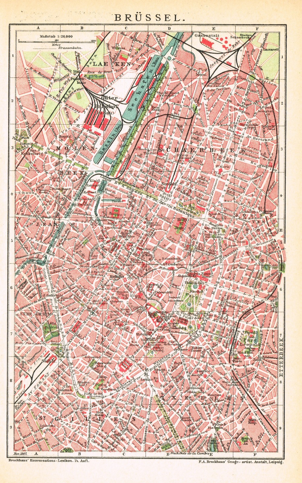 BRUSSELS  Original map city plan dated  1907 Belgium