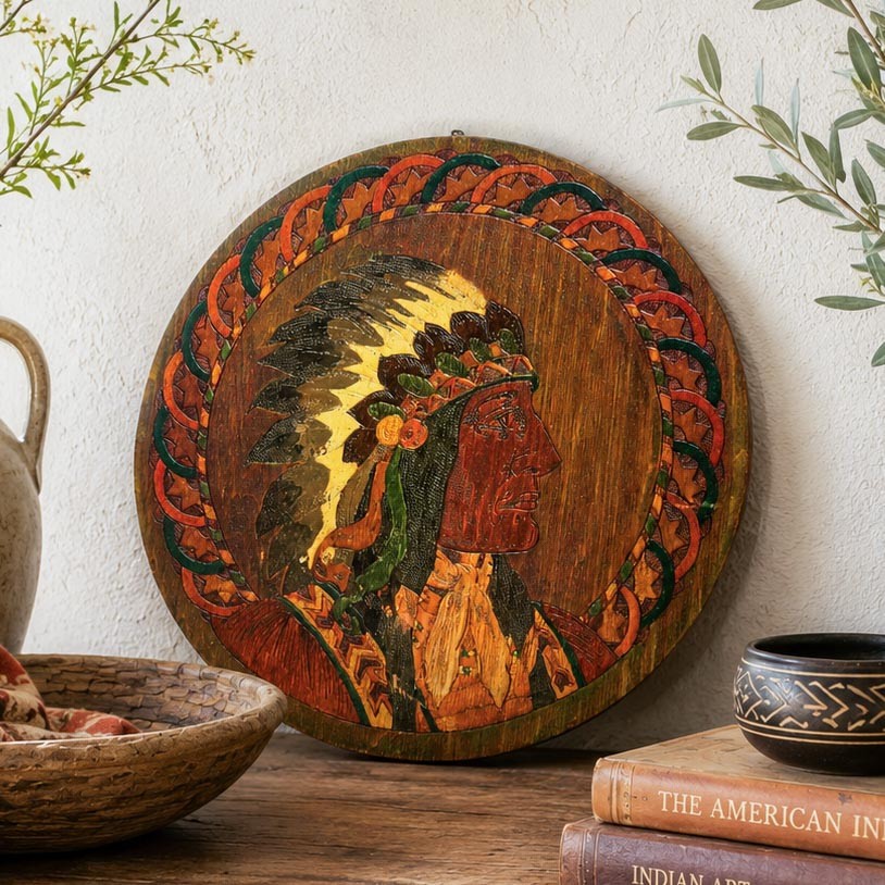 Native American Chief Pyrography Plaque Antique Hand Painted Folk Art