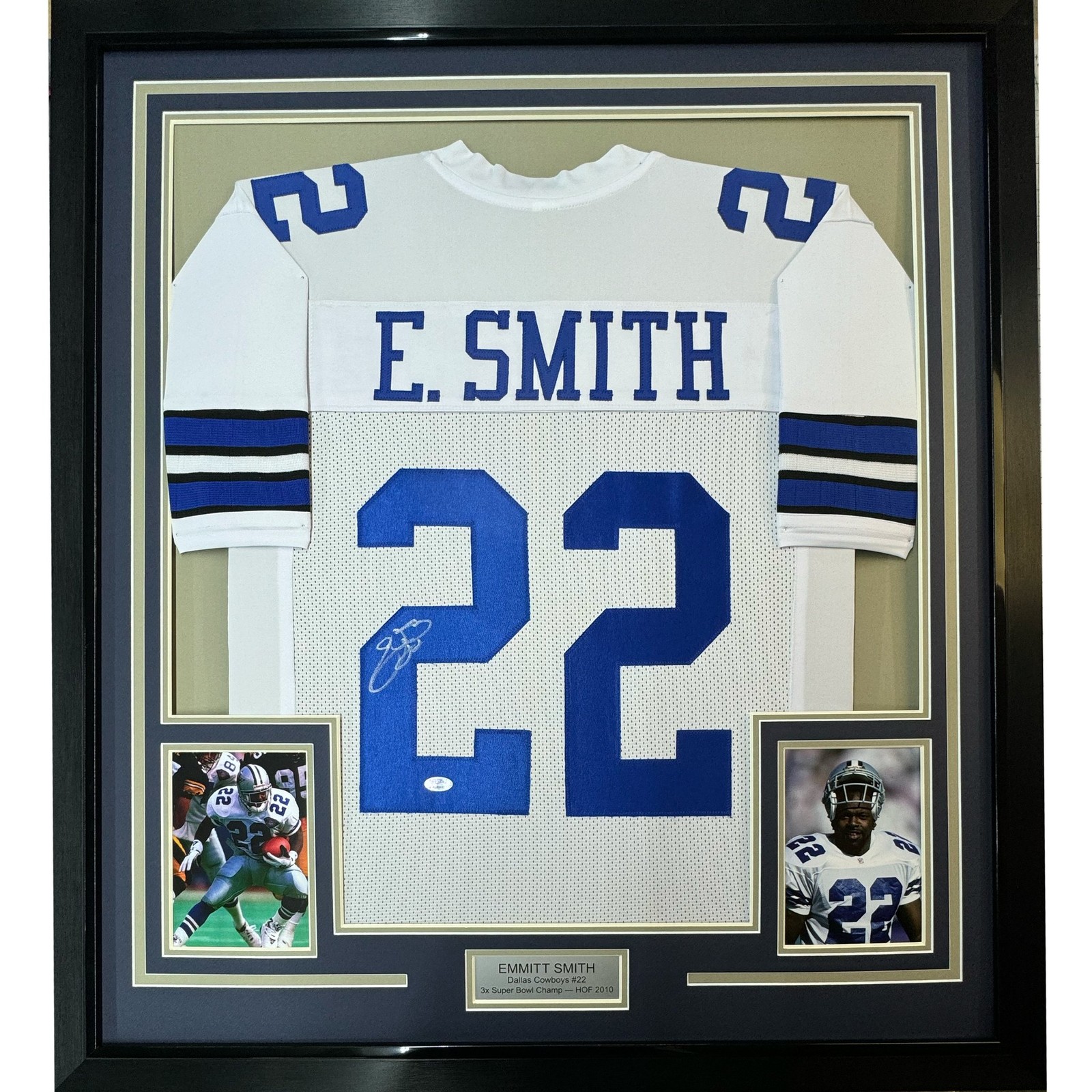 Framed Autographed/Signed Emmitt Smith 35x39 Dallas White Jersey JSA COA