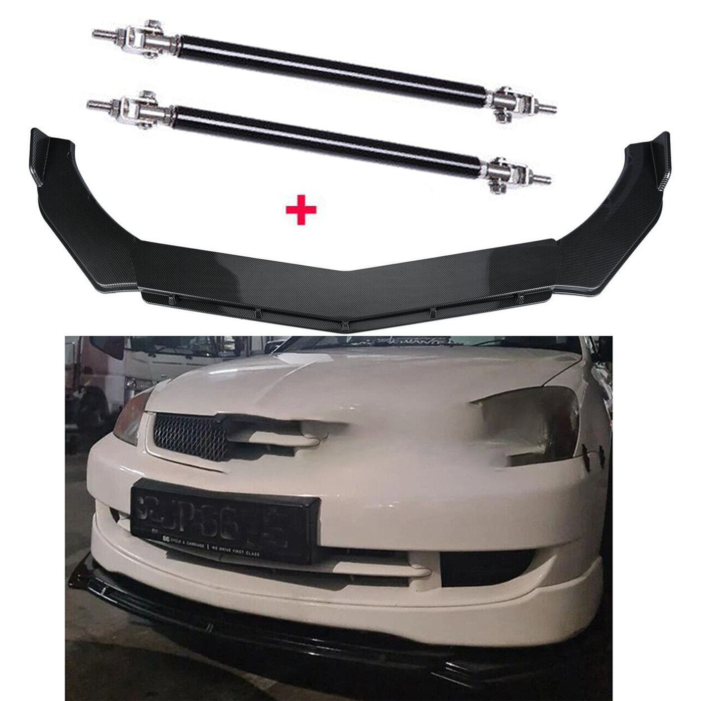 For Mitsubish Carbon Fiber Front Bumper Lip Splitter Spoiler+Strut Rods Body Kit