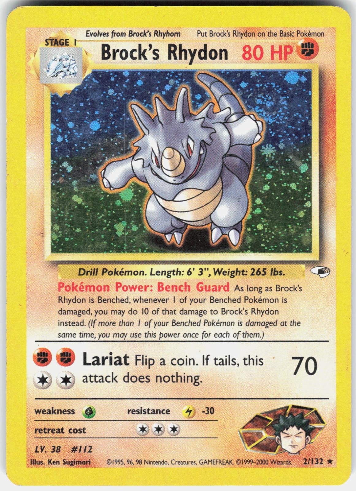 Brock\'s Rhydon 2/132 Rare Gym Heroes Pokemon Unlimited Holo Moderately Played Brock\'s Rhydon 2/132 Rare Gym Heroes Pokemon Unlimited Holo Moderately Played