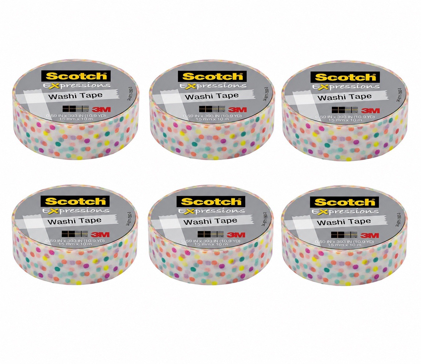 Scotch Expressions Washi Tape Polka Dot 0.59 IN X 393 IN (10.9YD)lot of 6 rolls.