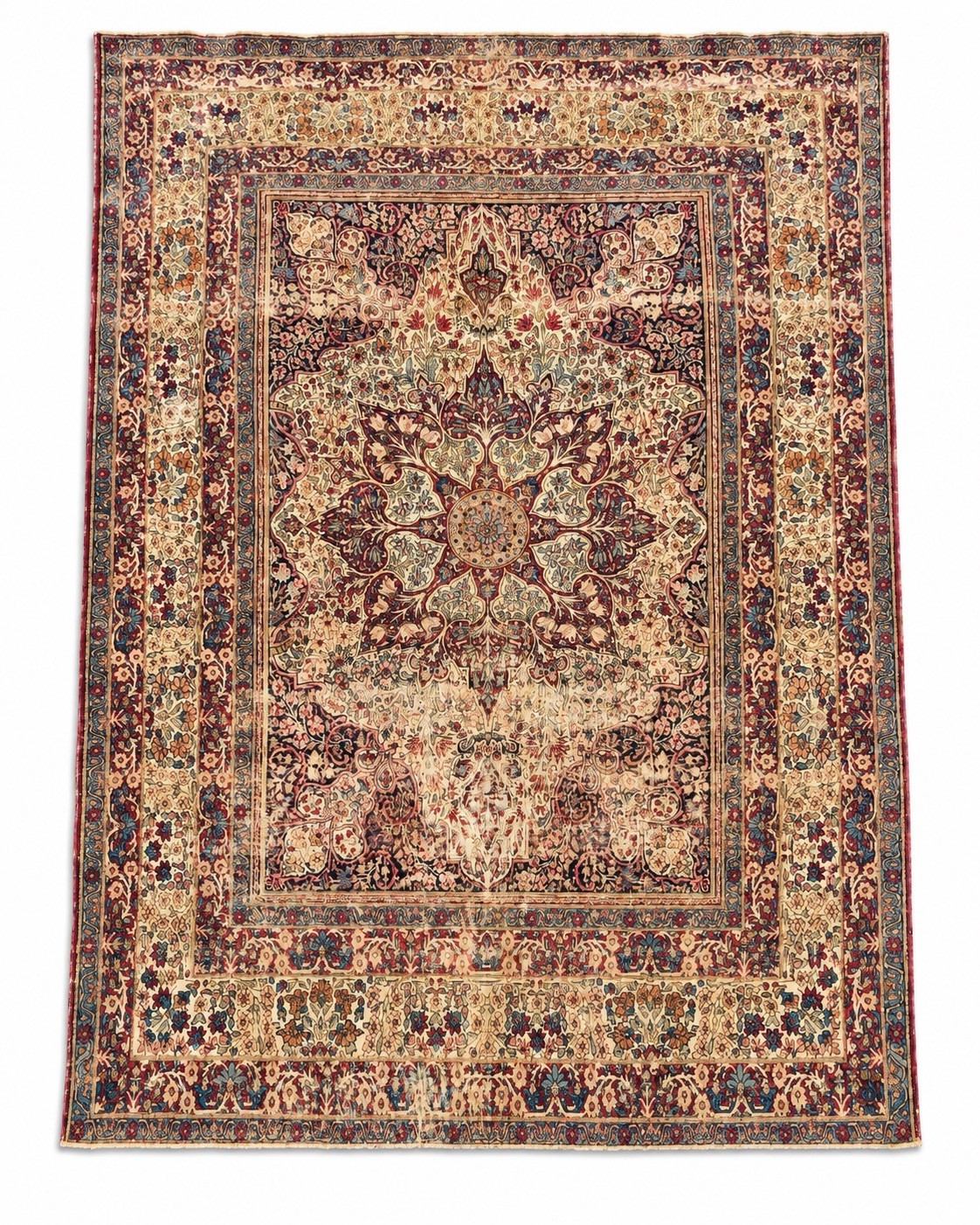 Antique “Kermani -Shahi” Hand Knotted Wool Rug 6’3 x 8’8 Floral Medallion Ivory