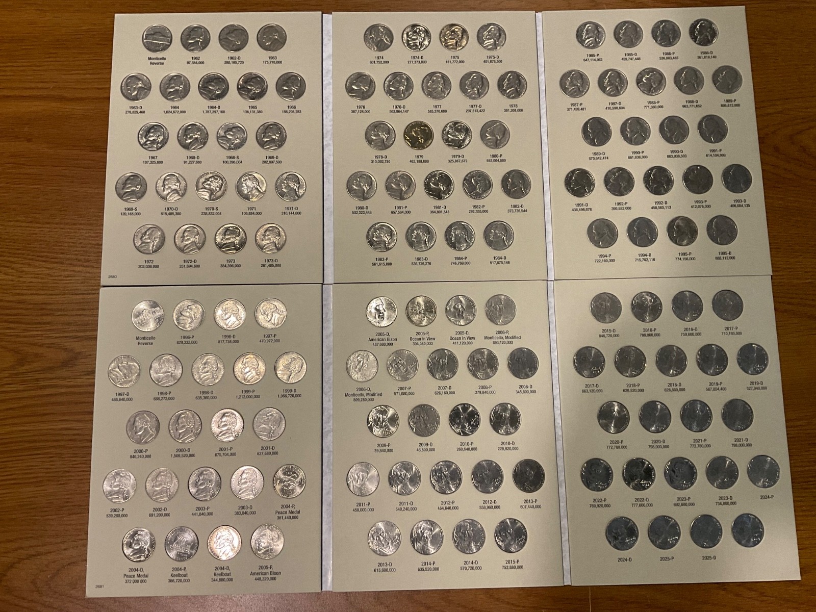 Jefferson Nickels Set 1962 - 2026 in Harris Coin Folders; Full AU 128 Coin Set
