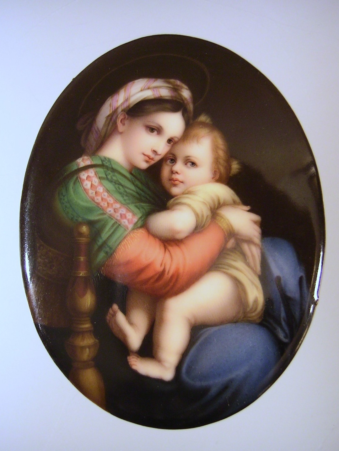 Antique Porcelain Hand Painted Plaque Raphael Madonna Della Seggiola 4 3/4 in