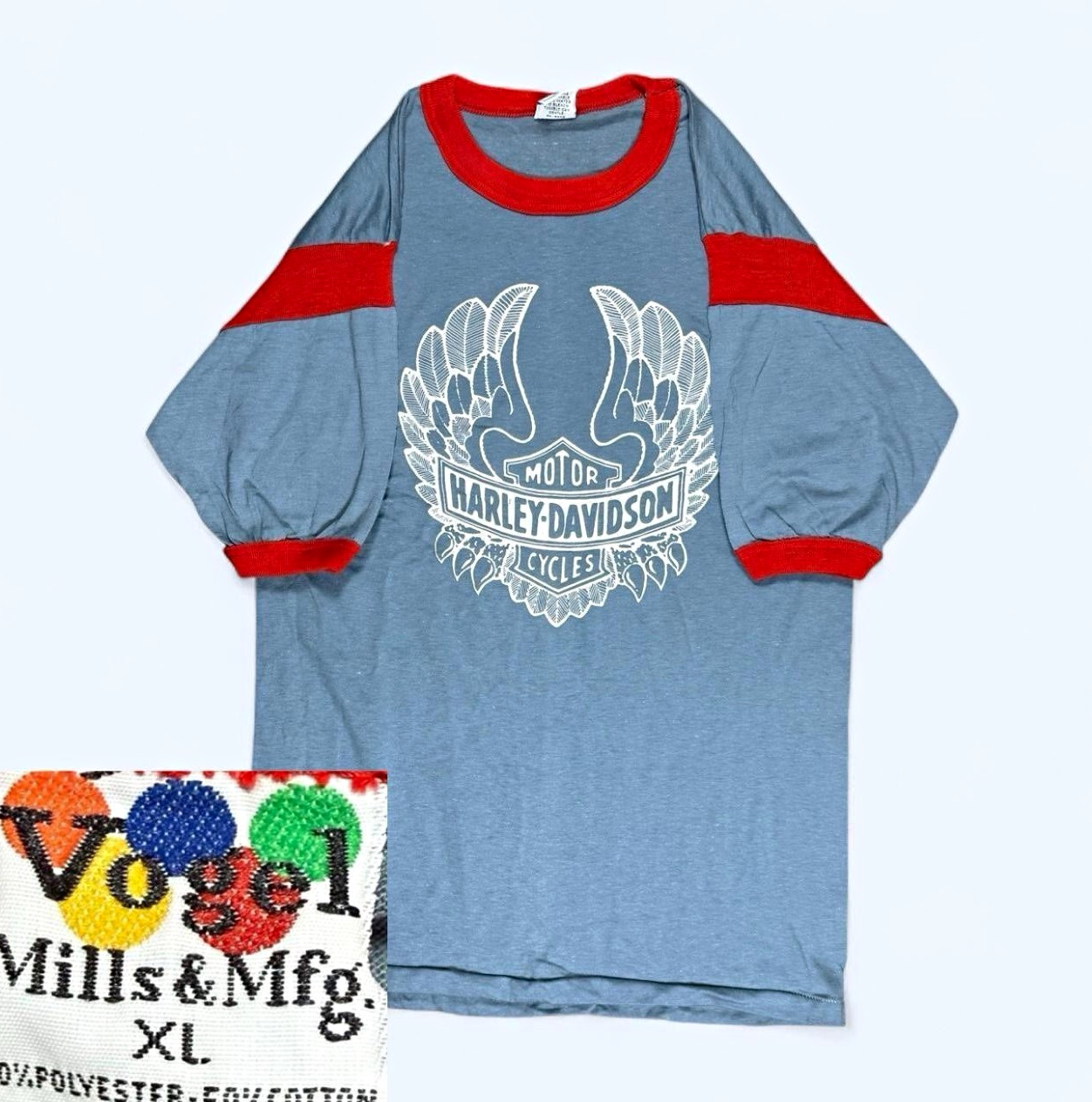 Vintage 70s Harley Davidson Wing Graphic Ringer T-Shirt Grail XL Vogel Mills Tag