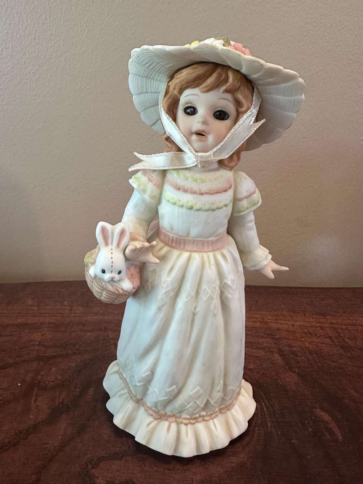 Vintage Enesco Easter Doll Girl with Bunny in Basket Porcelain Figurine Vintage Enesco Easter Doll Girl with Bunny in Basket Porcelain Figurine