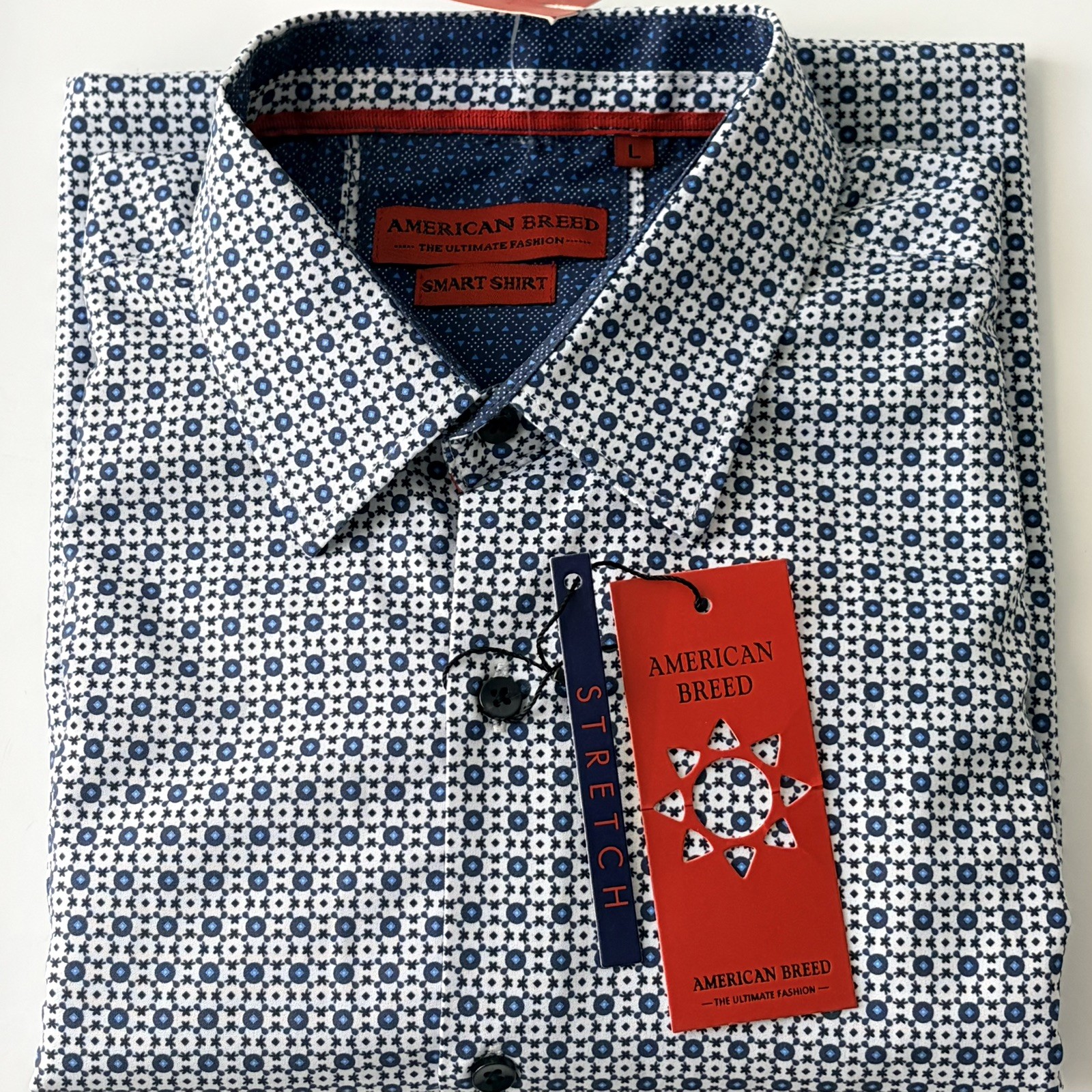 NWT $169 American Breed Men\'s Large Smart Shirt Active Performance Stretch Geo NWT $169 American Breed Men\'s Large Smart Shirt Active Performance Stretch Geo