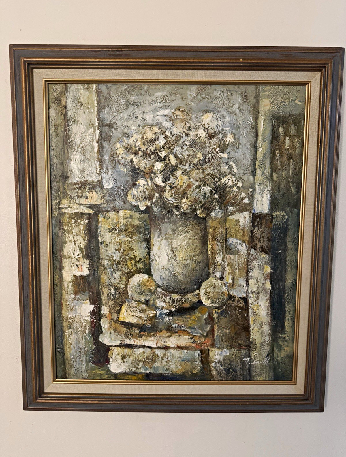 Vintage Mid-Century Modern Heavy Impasto Floral Oil Painting J. Smith 26x30
