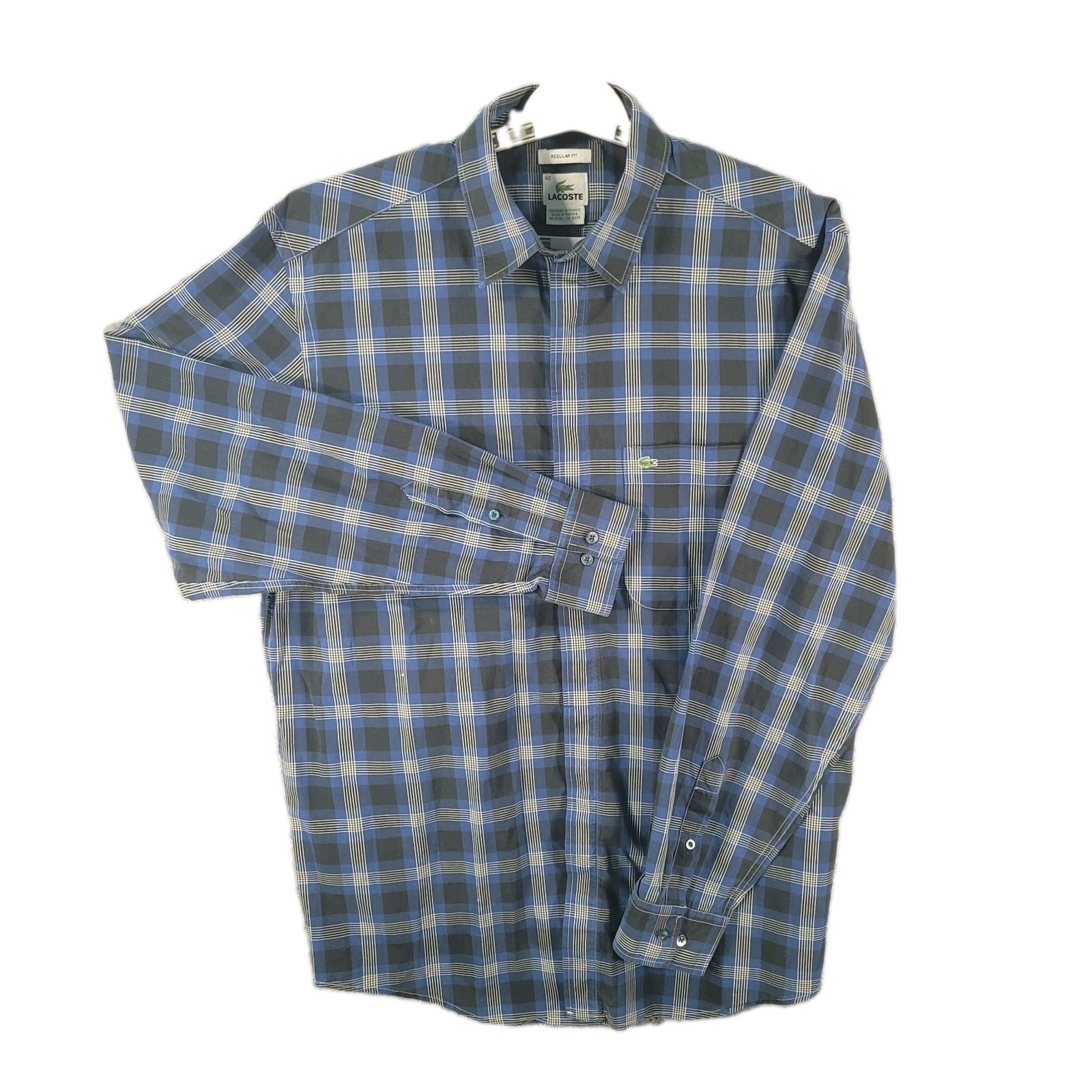 Lacoste Shirt Mens Large Blue Black Plaid Button Down Long Sleeve Pocket Classic