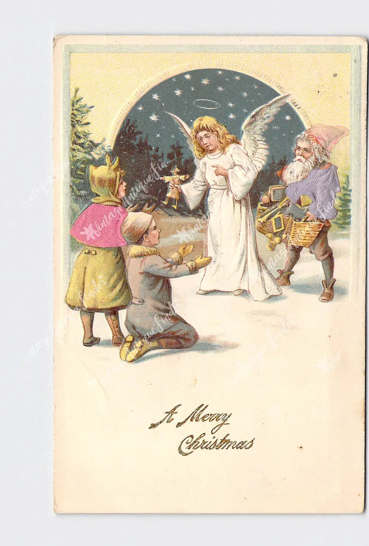 PPC Postcard Merry Christmas Santa And Angel Giving Gifts To Children Silk Embel PPC Postcard Merry Christmas Santa And Angel Giving Gifts To Children Silk Embel