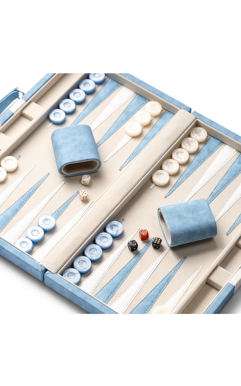 15” Backgammon Set Light Blue Faux Leather Travel Board Game for Adults