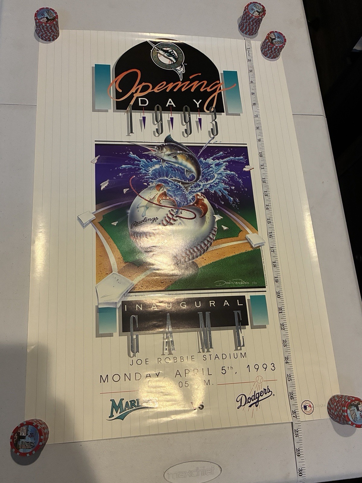 1993 Florida Marlins Opening Day Poster - Excellent Condition - RARE New W/ Cert 1993 Florida Marlins Opening Day Poster - Excellent Condition - RARE New W/ Cert