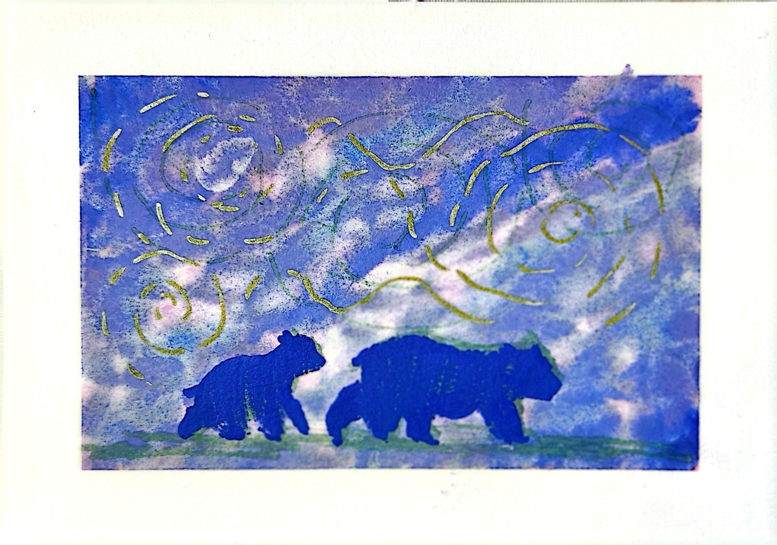 Two Bears In Northern Lights Original Abstract Contemporary 5x7  Paper Signed 