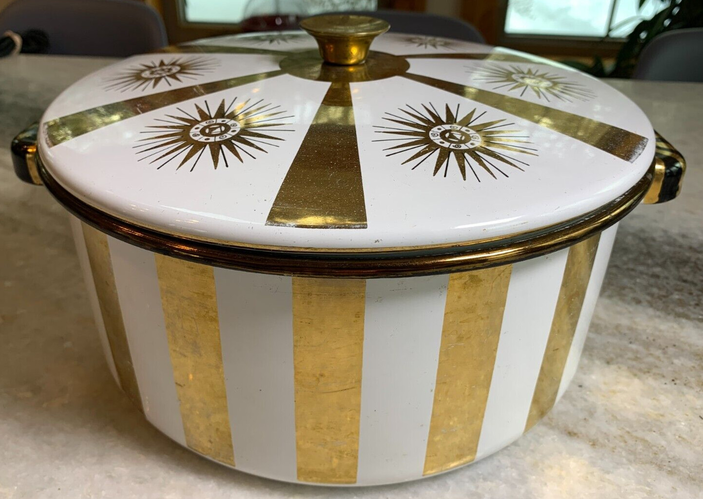 Glorious Vintage Mid Century Modern Enamel Enameled Stock Pot Gold White Gilded